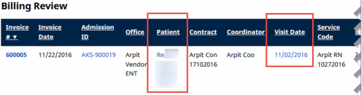 The Patient Name and Visit Date columns display on the Billing Review table.